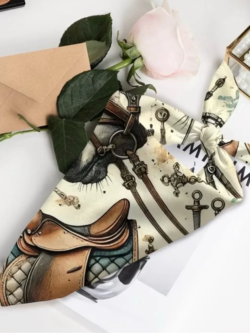 Equestrian Horse Print Silk-Feel Scarf - Cream & Teal